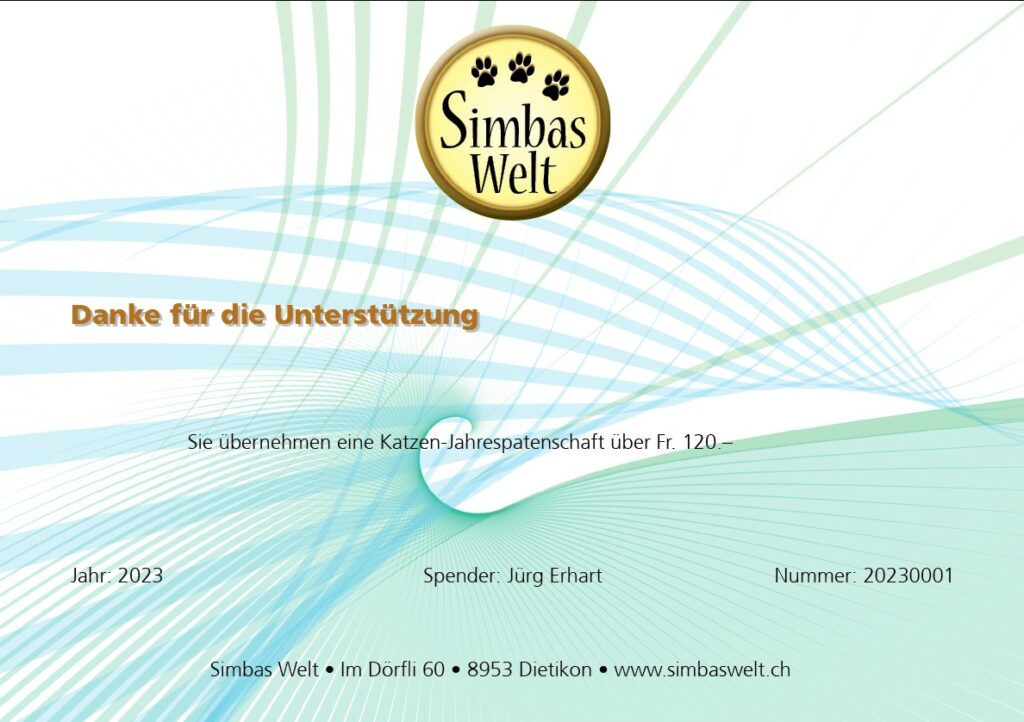 Im Kleinen Grossen bewirken. Wir sind dankbar für jede Spende.
Tierschutz und Tiervermittlung durch Simbas Welt. www.simbaswelt.ch