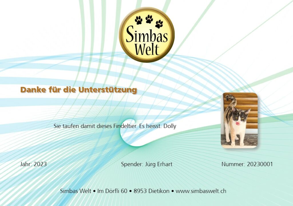 Im Kleinen Grossen bewirken. Wir sind dankbar für jede Spende.
Tierschutz und Tiervermittlung durch Simbas Welt. www.simbaswelt.ch