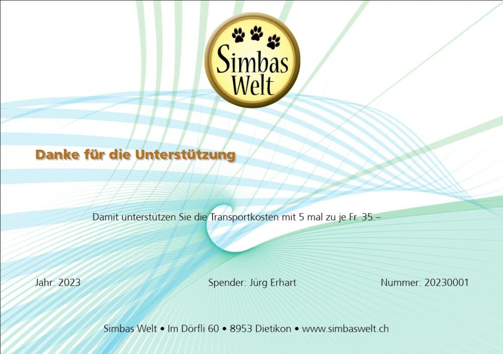 Im Kleinen Grossen bewirken. Wir sind dankbar für jede Spende.
Tierschutz und Tiervermittlung durch Simbas Welt. www.simbaswelt.ch